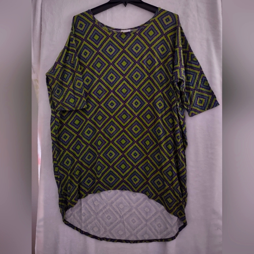 Lula Roe Geometric Patterned Women's Top - Lime Green, Purple And Blue